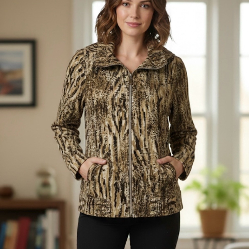 LAURA ASHLEY Animal Print Windbreaker Jacket, Women’s S, Brown Beige